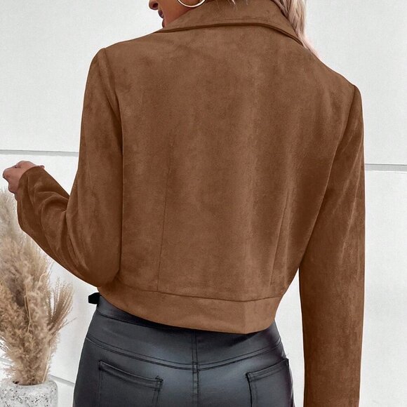 Coffee Brown Casual Women's Lapel Collar Zipper Crop Jacket - Picture 2 of 8